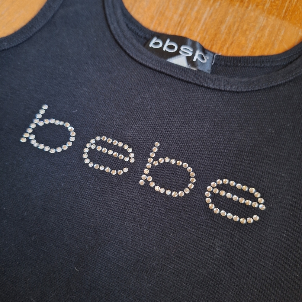 bebe Y2K Rhinestone Logo Tank 100% Cotton Crystal Spellout Sporty bbsp Black S - Picture 5 of 9
